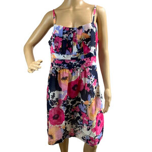 New York & Co. Women's Floral Print Midi Dress Size 12 Pink Blue Pleats Babydoll